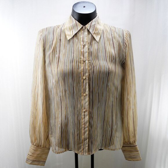 Talbots Silk Sheer Button-Front Long Sleeve Top Gold Brown Stripe-Women's Size 4 - Picture 1 of 6